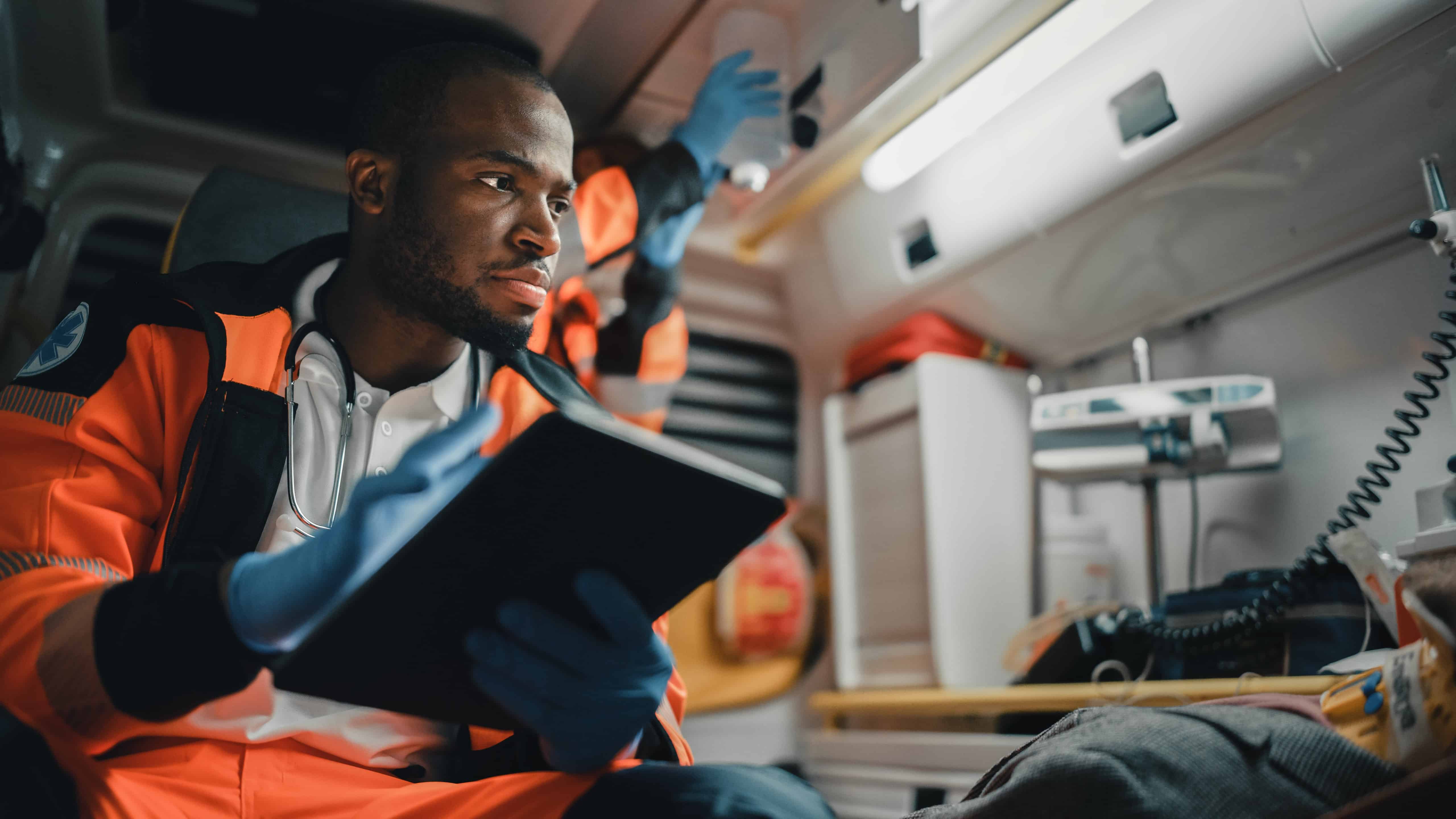 African-American EMS professional in an ambulance