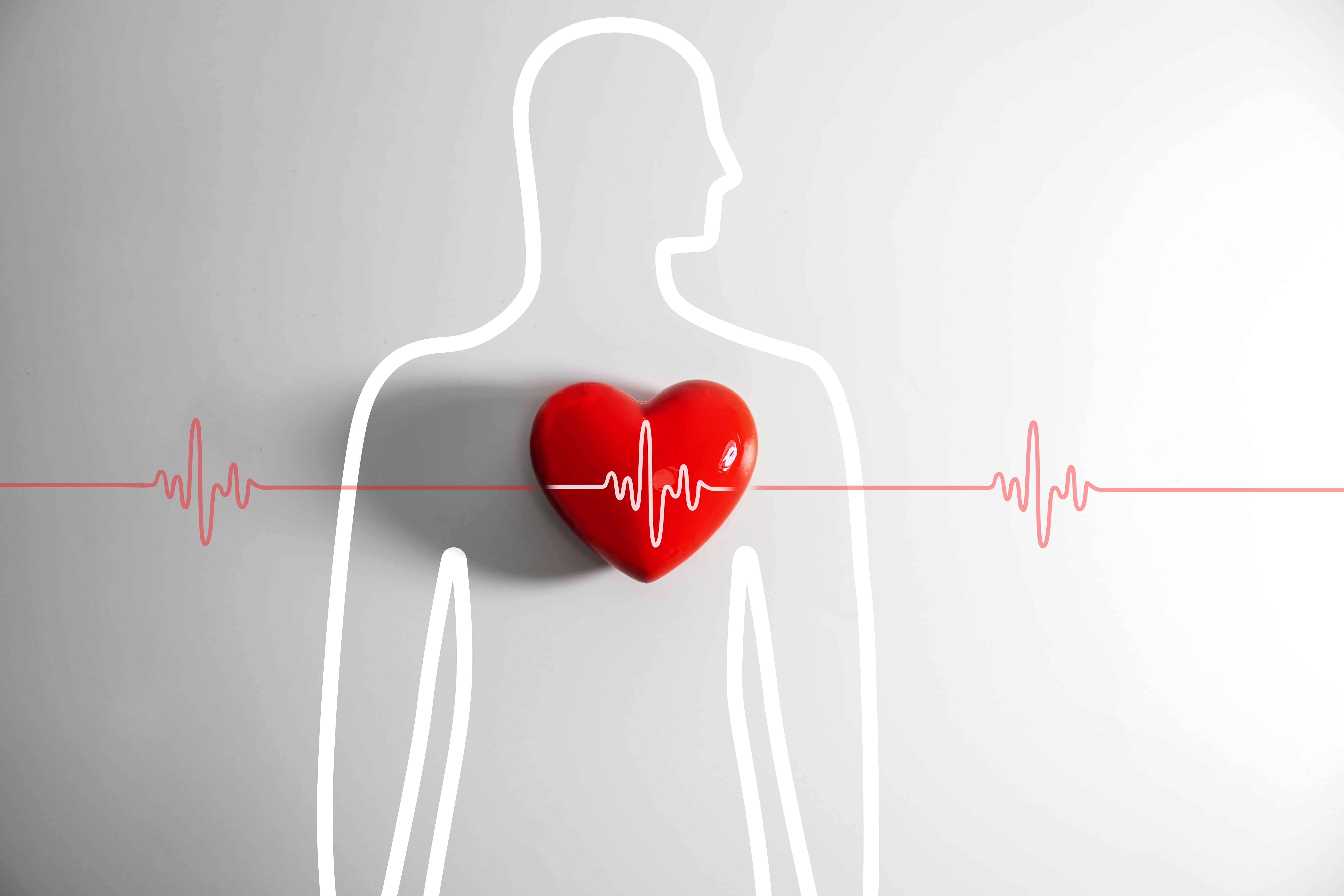 Outline of a person with a red heart and a wave line going through it